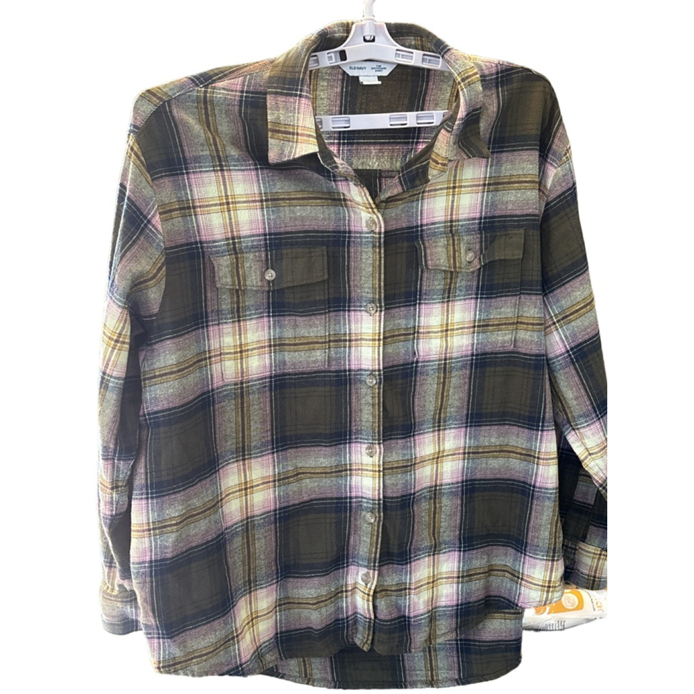 Women's Old Navy Plaid Flannel Button Down Shirt L Green Pink Grunge